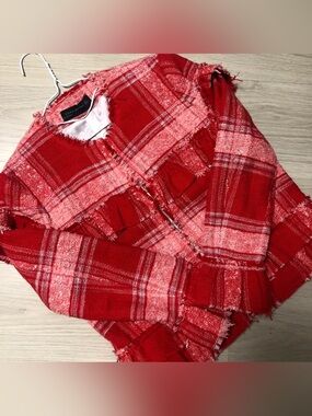 Zara Red Plaid Tweed Jacket with Fringe